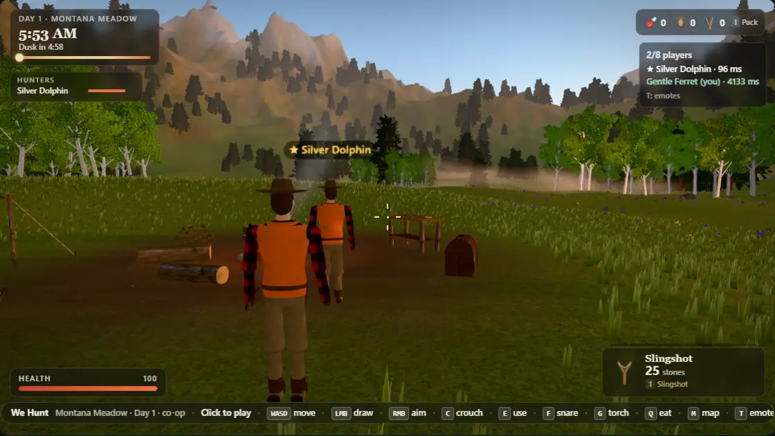 A published co-op world playing in a browser with two hunters in one room. The player list reads 2/8 players, and the other player’s name tag floats above their character.