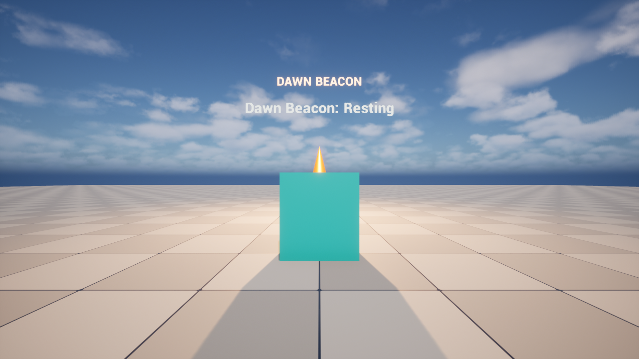 Initial Dawn Beacon: a teal console obscures most of the sculpture on the template floor.