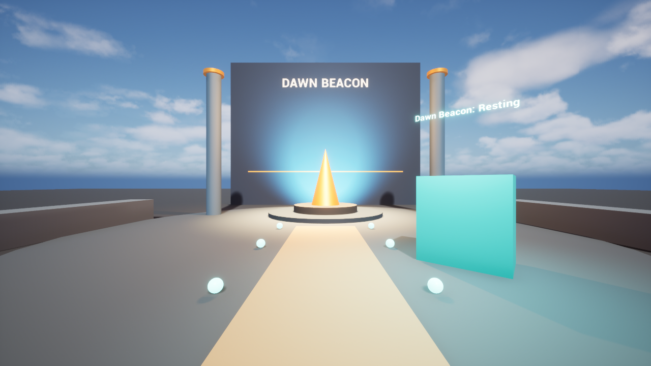 Revised Dawn Beacon: an open central path leads to a sculpture framed by columns and a backdrop, with the console to the right.