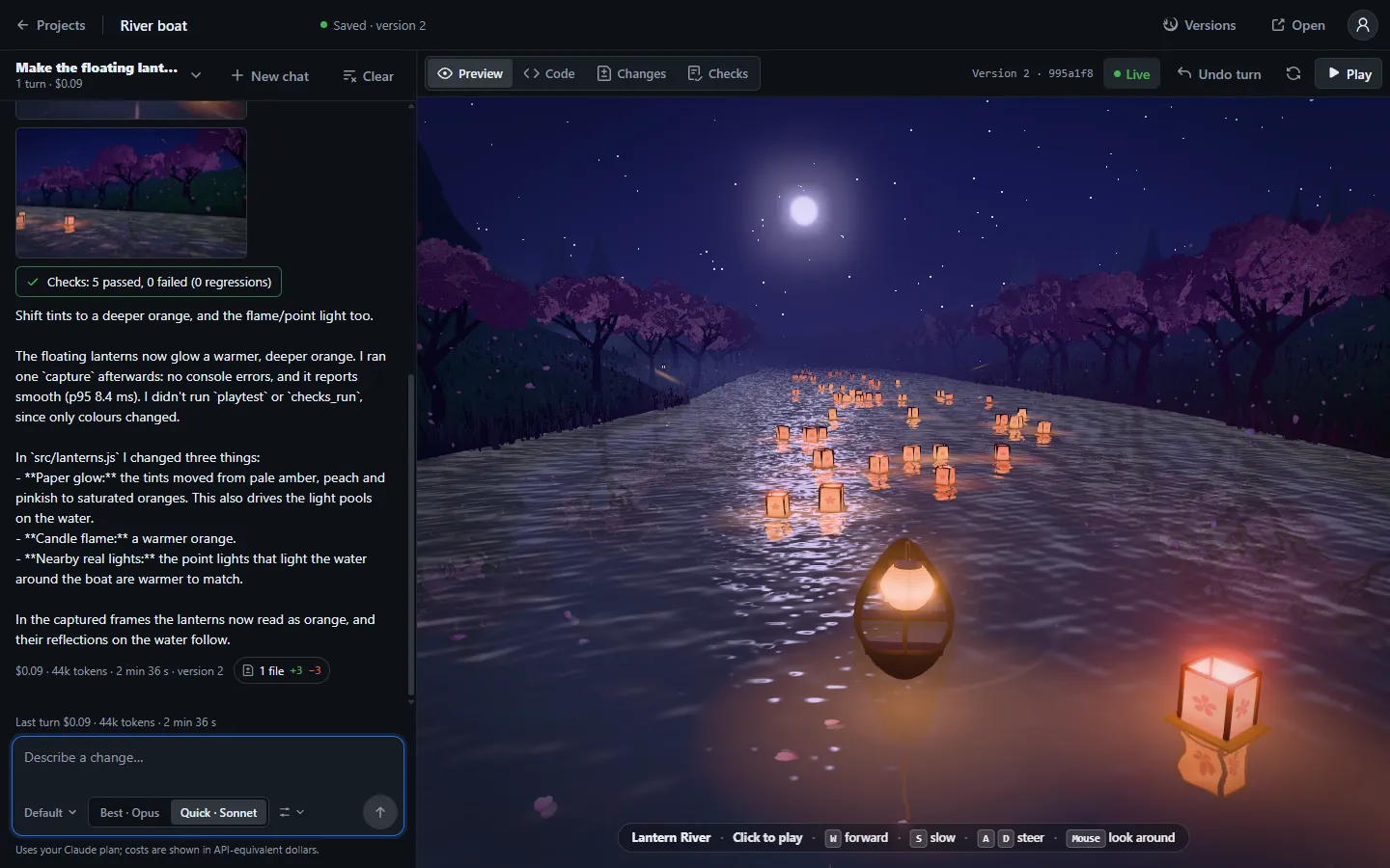 The finished night river with glowing lanterns beside the agent’s reply: a follow-up that changed one file for $0.09, with checks 5 passed, 0 failed.