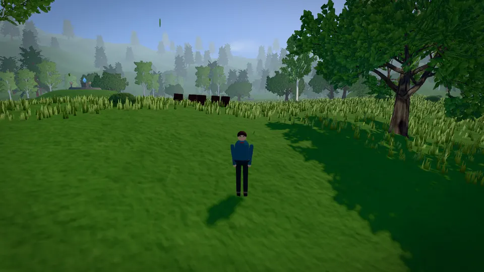 The Third-person adventure starter: a character on a green meadow in a wooded valley.