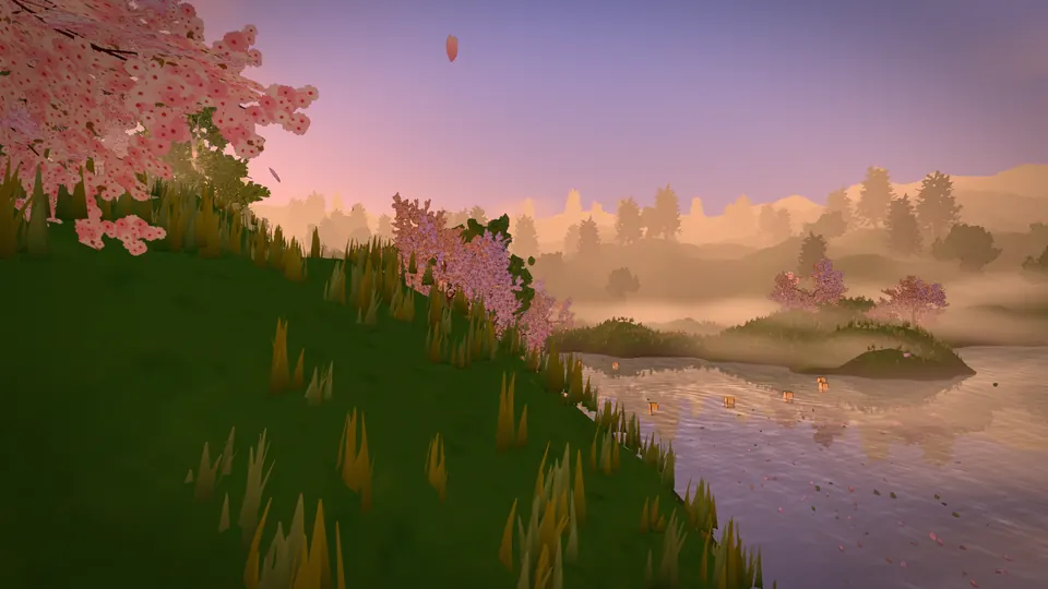The First-person explorer starter: a grassy slope with a blossoming tree above a pond at sunset.
