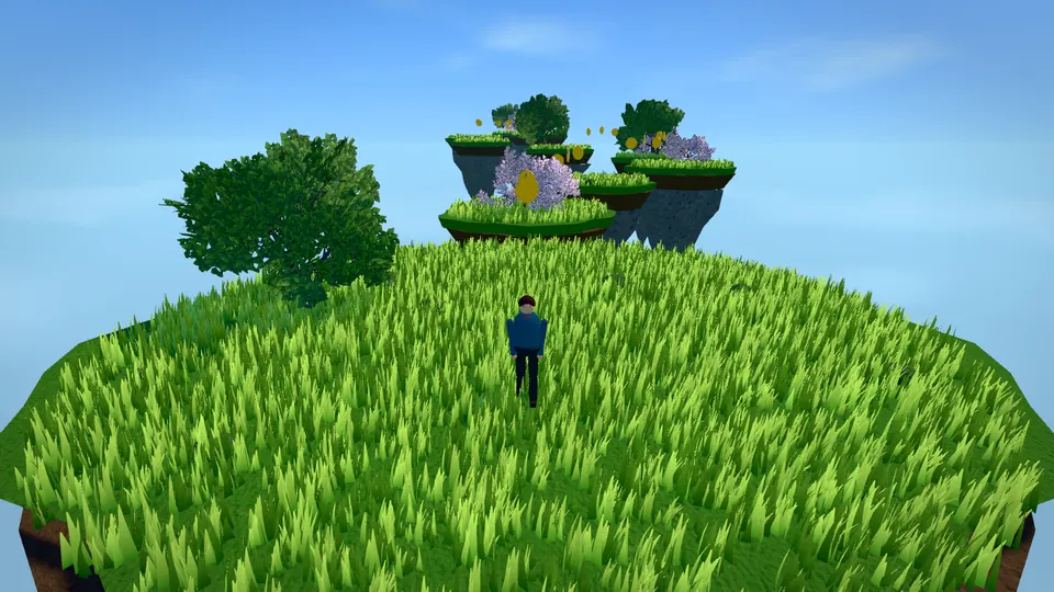 The Platformer starter: a character on a grassy floating island with more islands and coins above.