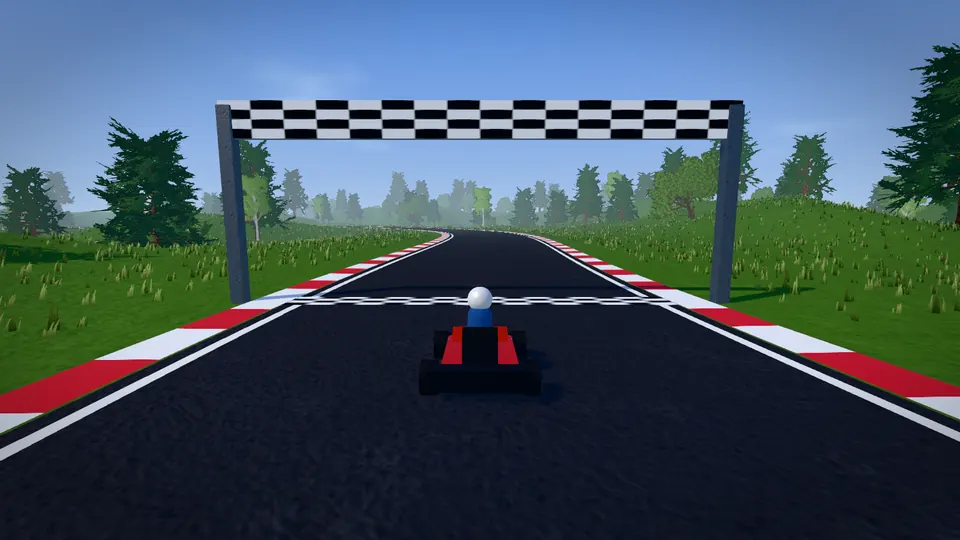 The Racing starter: a kart at a checkered start gate on a country circuit.