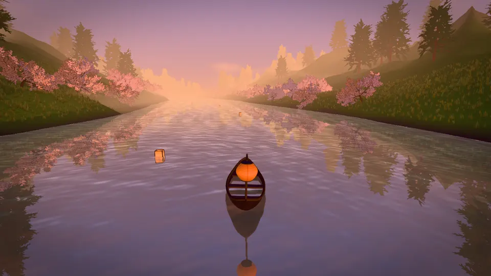 The River boat starter: a wooden boat on a still river at dusk between pink cherry trees and pines.
