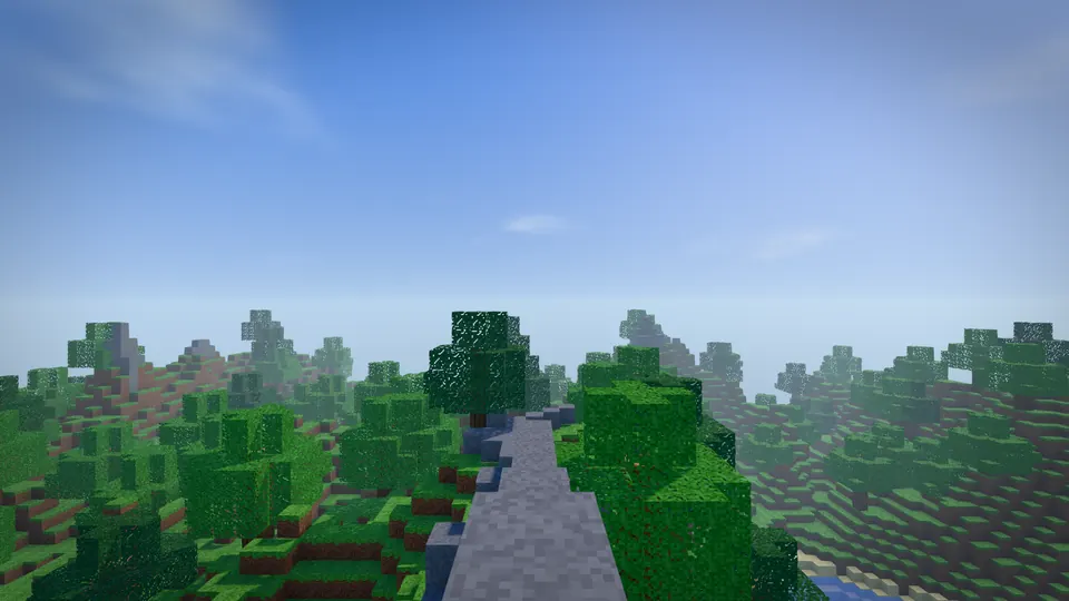 The Voxel sandbox starter: blocky hills and trees with a hotbar of block types.