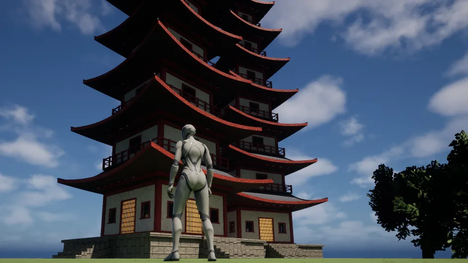 In Unreal Engine 5.8, a five-tier pagoda with red flared eaves and balconies, built as a mesh with Antelier’s mesh tool, a player character on the path in front of it and a realistic tree to the right.