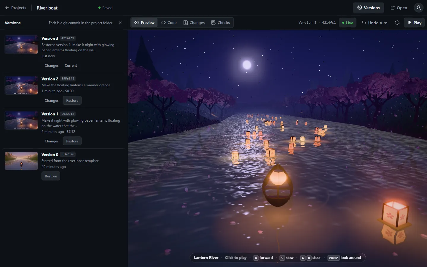 The Versions drawer beside the night river: Version 0 from the starter, Version 1 for the lantern request at $7.52, Version 2 for warmer lanterns at $0.09, and Version 3 restoring Version 1, each with a short git hash.