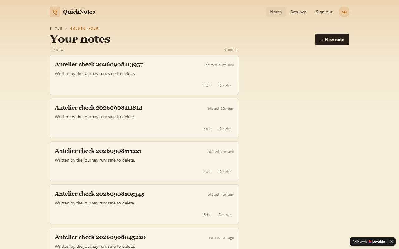 QuickNotes recorded browser screenshot after reloading a saved note